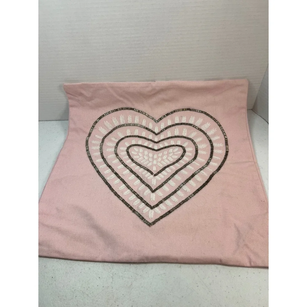 Pottery Barn Kids Beaded Heart Decorative Sham Pink Cotton 16x16 Pillow Cover